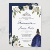 Blue Silver Tiara Floral Elegantes Kleid Quinceañe Einladung (Vorne/Hinten)