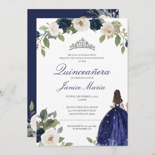 Blue Silver Tiara Floral Elegantes Kleid Quinceañe Einladung (Vorne/Hinten)