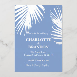 Blue Silver Tropical Palm Leaf Wedding Folieneinladung