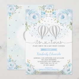 Blue Silver Twin Boys Hot Air Ballon Babydusche Einladung