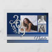 Blue Silver Varsity 2019 Abschluss Drei Foto Einladung (Vorne/Hinten)