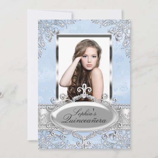 Blue Silver Vintag Glamour Foto Quinceanera Einladung (Vorderseite)