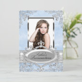 Blue Silver Vintag Glamour Foto Quinceanera Einladung (Stehend Vorderseite)