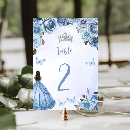 Blue Silver Watercolor Floral Princess Quinceañera Tischnummer