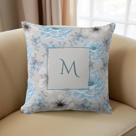 Blue Silver Watercolor Floral Script Kissen