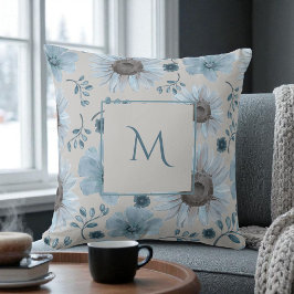 Blue Silver Watercolor Floral Script Kissen