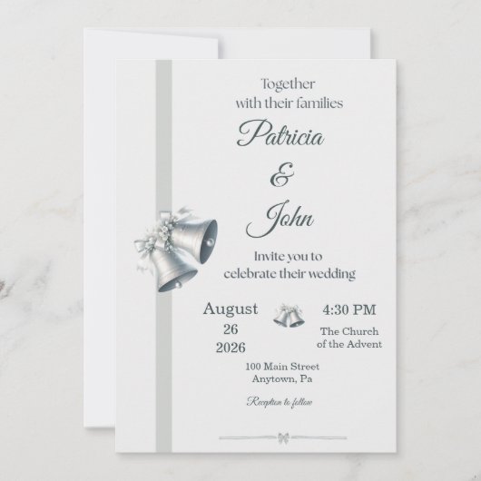 Blue Silver Wedding Bells Wedding Invitation Einladung (Vorderseite)