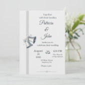 Blue Silver Wedding Bells Wedding Invitation Einladung (Stehend Vorderseite)