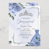 Blue Silver & White Floral Quinceñera Celebration Einladung (Vorne/Hinten)