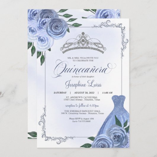 Blue Silver & White Floral Quinceñera Celebration Einladung (Vorne/Hinten)