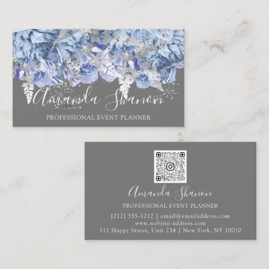 Blue Silver White Roses Event Plane QR Code Visitenkarte (Vorne/Hinten)