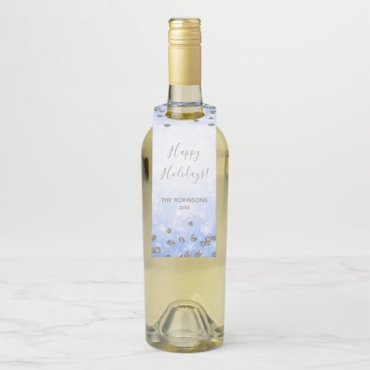Blue Silver Winter Glitzer Happy Holidays Family Flaschenanhänger (Auf Flasche)