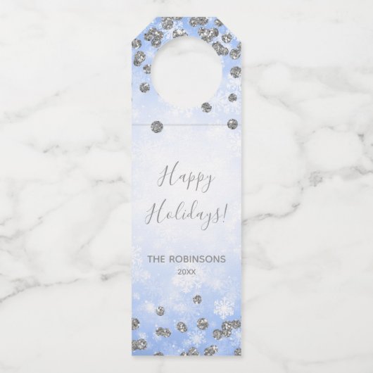 Blue Silver Winter Glitzer Happy Holidays Family Flaschenanhänger (Vorderseite)