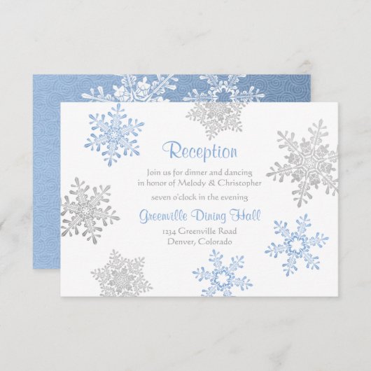 Blue Silver Winter Snowflake Hochzeitsempfang Begleitkarte (Vorne/Hinten)