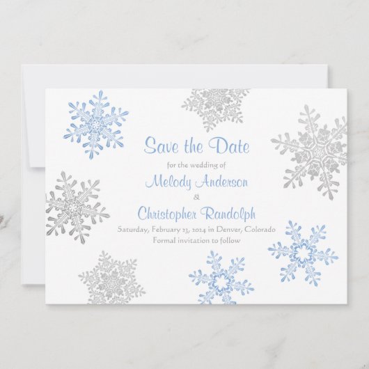 Blue Silver Winter Snowflake Wedding Save the Date (Vorderseite)