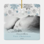 Blue Silver Winter Snowflakes Personalisiert Baby Keramikornament (Rückseite)