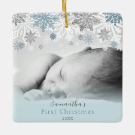 Blue Silver Winter Snowflakes Personalisiert Baby Keramikornament