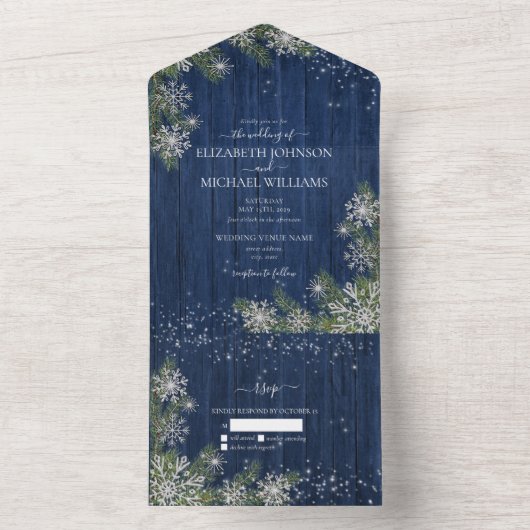 Blue Silver Winter Wood Kariert Rustikale Hochzeit All In One Einladung (Innen Boden)