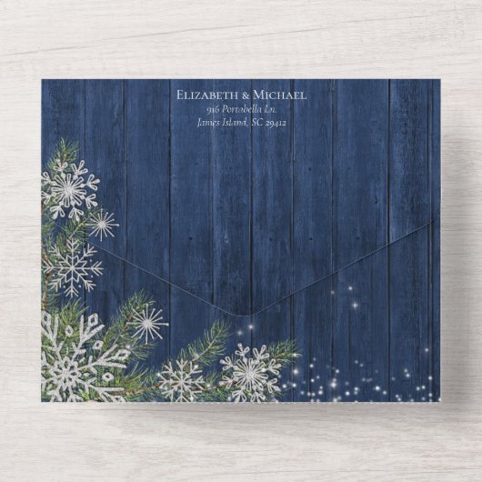 Blue Silver Winter Wood Kariert Rustikale Hochzeit All In One Einladung (Rückseite)