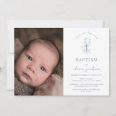 Blue Simple Blume Cross Boy Foto Taufe Einladung (Vorderseite)