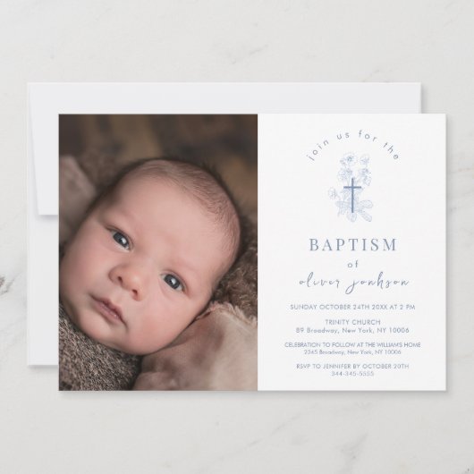 Blue Simple Blume Cross Boy Foto Taufe Einladung (Vorderseite)