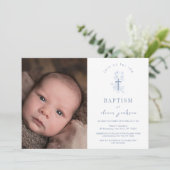 Blue Simple Blume Cross Boy Foto Taufe Einladung (Stehend Vorderseite)