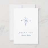 Blue Simple botanische Blätter Monogramm Hochzeit Dankeskarte (Vorderseite)