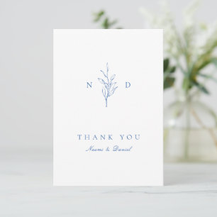 Blue Simple botanische Blätter Monogramm Hochzeit Dankeskarte