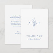 Blue Simple botanische Blätter Monogramm Hochzeit Dankeskarte (Vorne/Hinten)