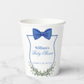 Blue Simple Bow Eucalyptus Wappen Boy Baby Dusche Pappbecher (Rückseite)