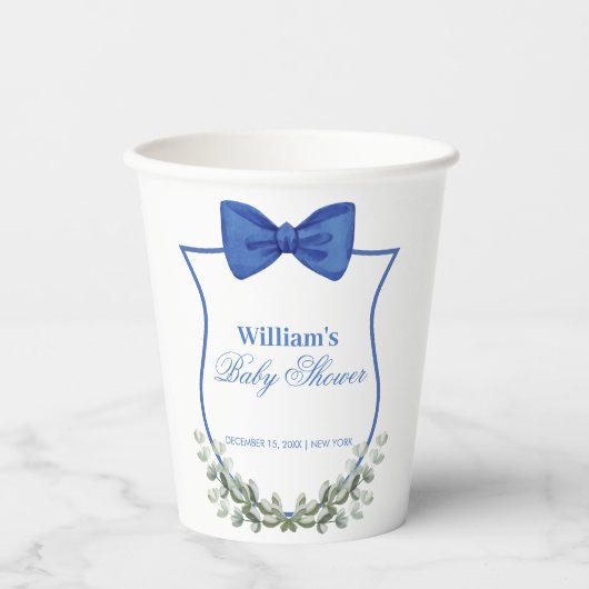 Blue Simple Bow Eucalyptus Wappen Boy Baby Dusche Pappbecher (Vorderseite)