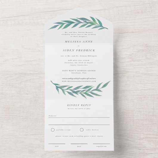 Blue Simple Branch Formal Wording Wedding All In One Einladung (Innen Boden)