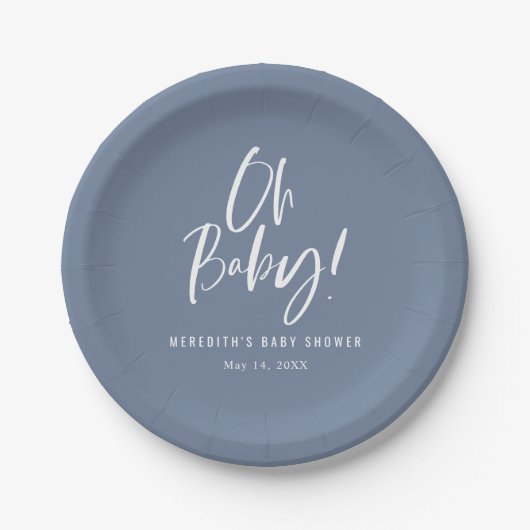 Blue Simple Calligraphy Gender Neutral Baby Shower Pappteller (Vorderseite)