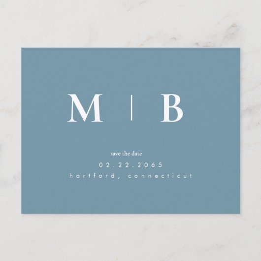 Blue Simple Contemporary Monogram Save the Date Postkarte (Vorderseite)