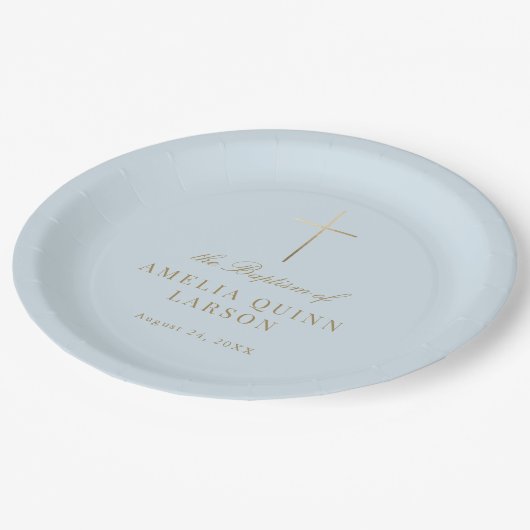 Blue Simple Elegant Gold Cross Taufen Christening Pappteller (Schrägansicht)