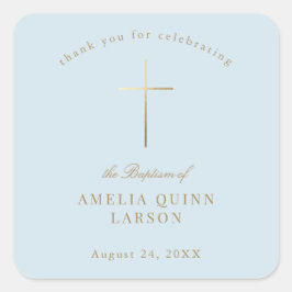 Blue Simple Elegant Gold Cross Taufen Christening Quadratischer Aufkleber