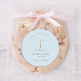 Blue Simple Elegant Gold Cross Taufen Christening Runder Aufkleber