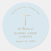 Blue Simple Elegant Gold Cross Taufen Christening Runder Aufkleber (Vorderseite)