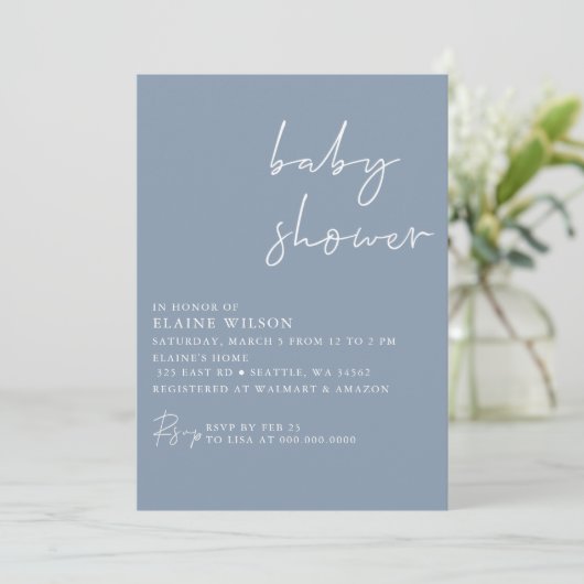 Blue Simple Elegante Modern Baby Shower Einladung (Stehend Vorderseite)