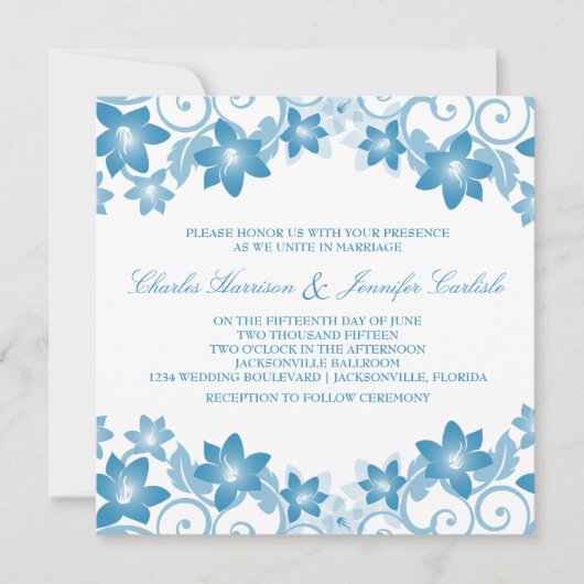 Blue Simple Floral Wedding Einladung (Vorderseite)