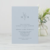 Blue Simple Minimal Monogram Botanical Wedding Einladung (Stehend Vorderseite)