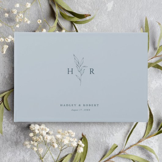 Blue Simple Minimal Monogram Botanical Wedding Gästebuch
