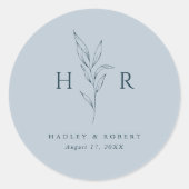 Blue Simple Minimal Monogram Botanical Wedding Runder Aufkleber (Vorderseite)