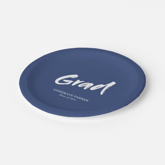 Blue Simple Modern Brush Script Graduation Party Pappteller (Schrägansicht)
