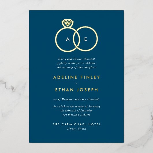 Blue Simple Modern Rings Monogram Wedding Folieneinladung (Vorderseite)