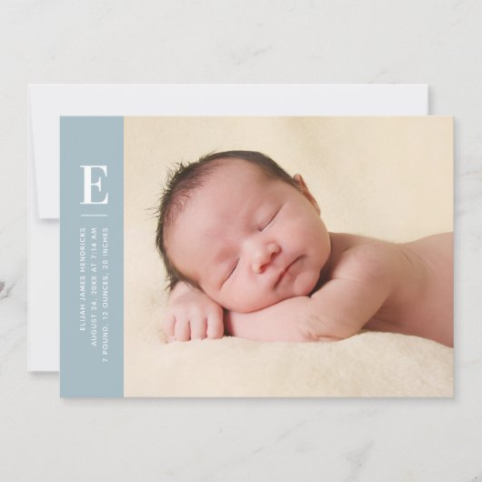 Blue Simple Monogram New Baby Foto Birth Ankündigung (Vorderseite)