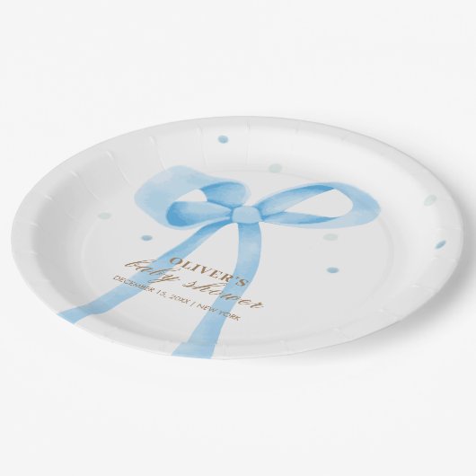 Blue Simple Polka Dot Bow Baby Dusche Pappteller (Schrägansicht)