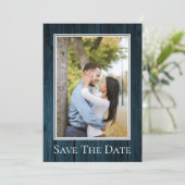 Blue Simple Rustic Foto Save the Date (Stehend Vorderseite)