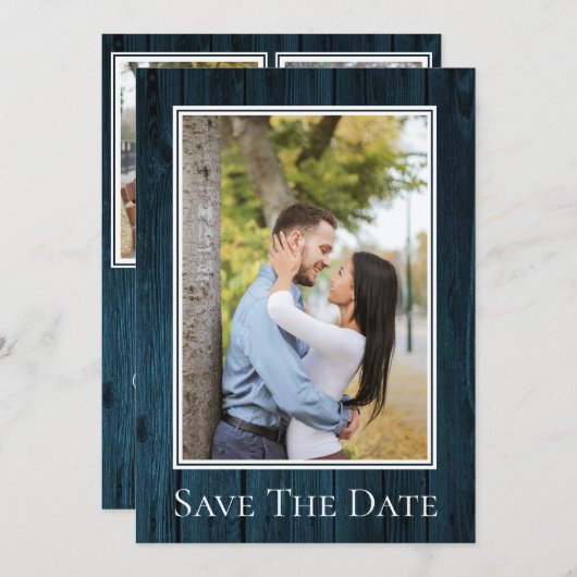 Blue Simple Rustic Foto Save the Date (Vorne/Hinten)