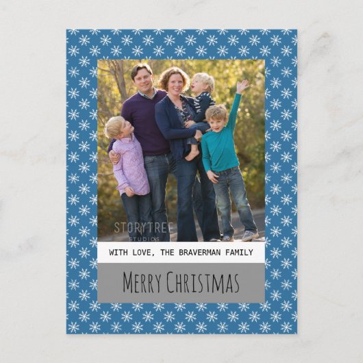 Blue Simple Snowflake Holiday Foto Postkarte (Vorderseite)